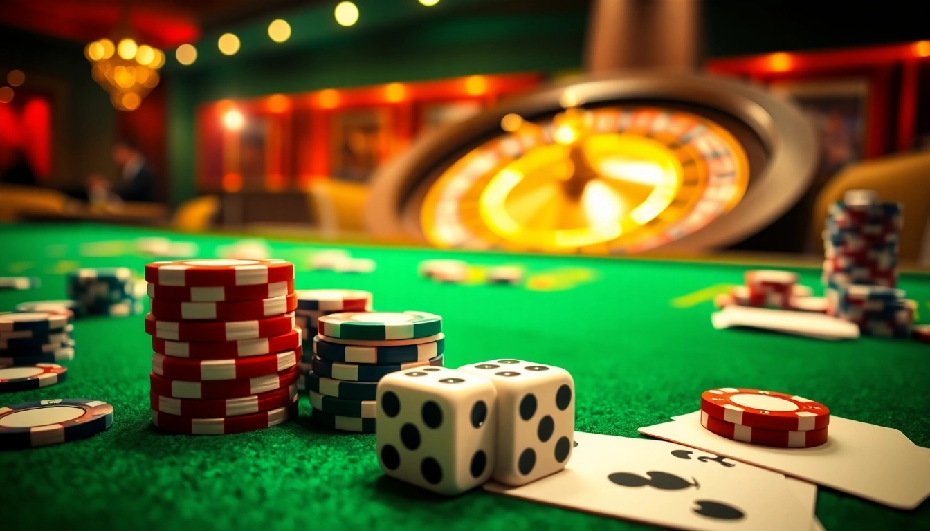 Experience the thrill of high-stakes gaming at THA BET casino with spinning roulette and vibrant poker chips.