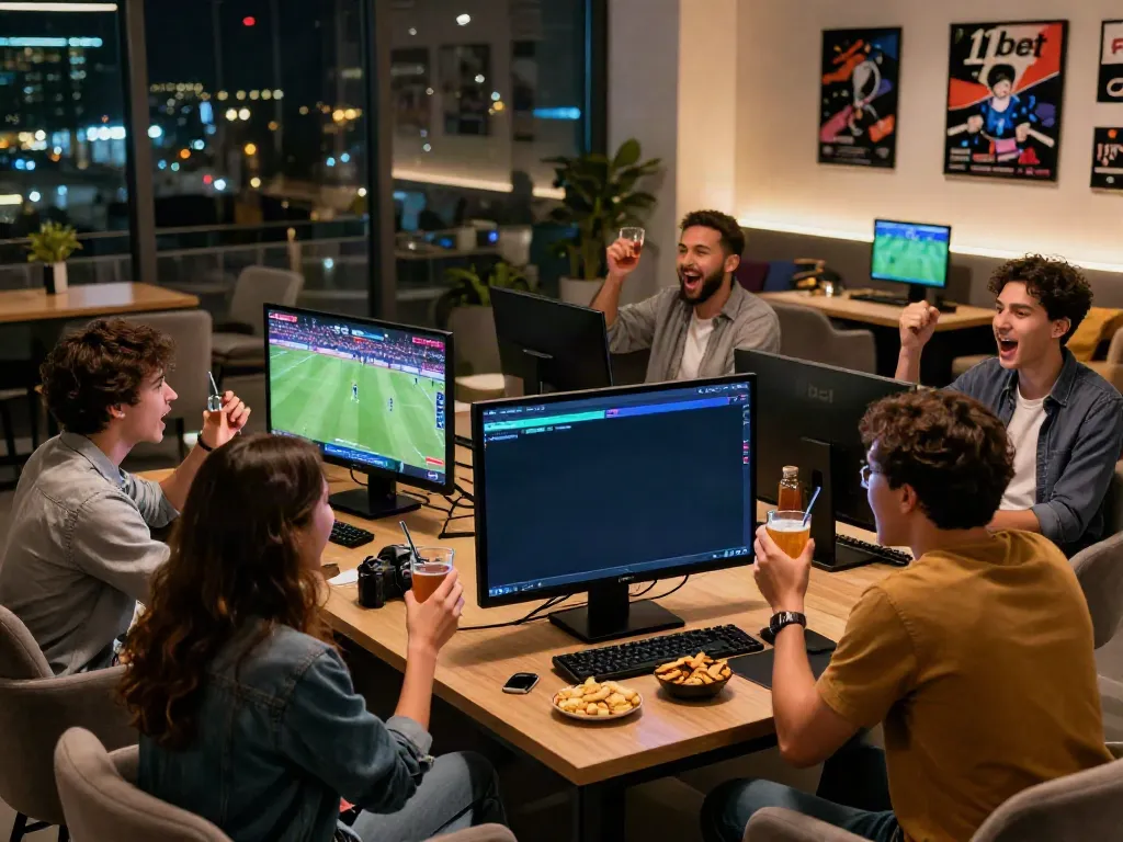 Group of friends enjoying the thrill of online betting on 11 bet in a lively lounge.