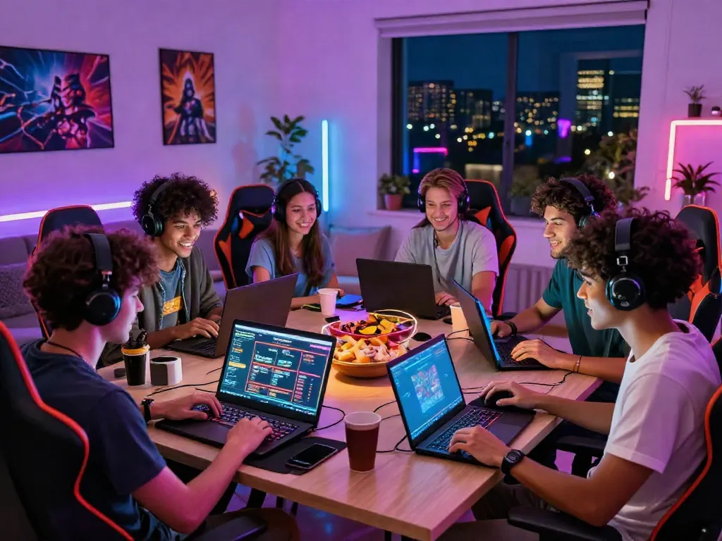 Engaging friends playing games at a non Gamstop casino setup in a vibrant living room.