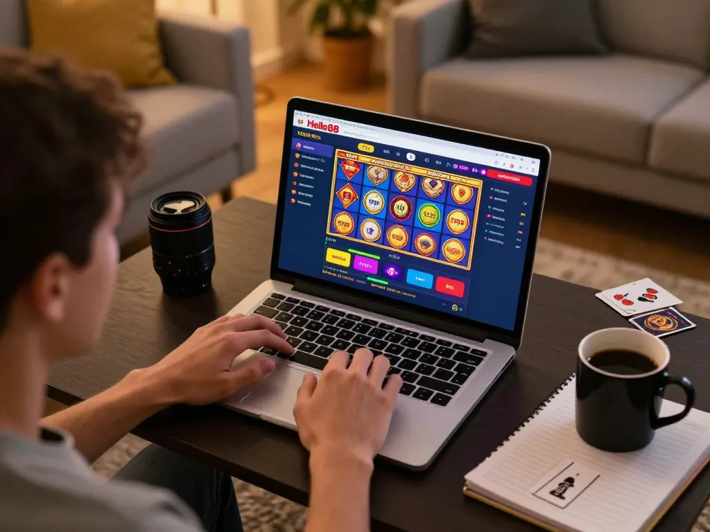 Hello88 user enjoying an online gaming session with vibrant slot games and cozy home atmosphere
