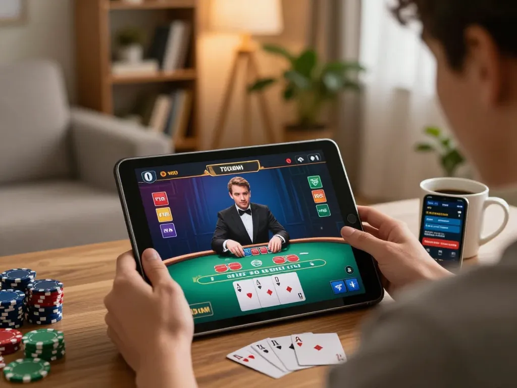Player engaging in a live blackjack game on a tablet while relaxing at home, showcasing luck8biz platform.