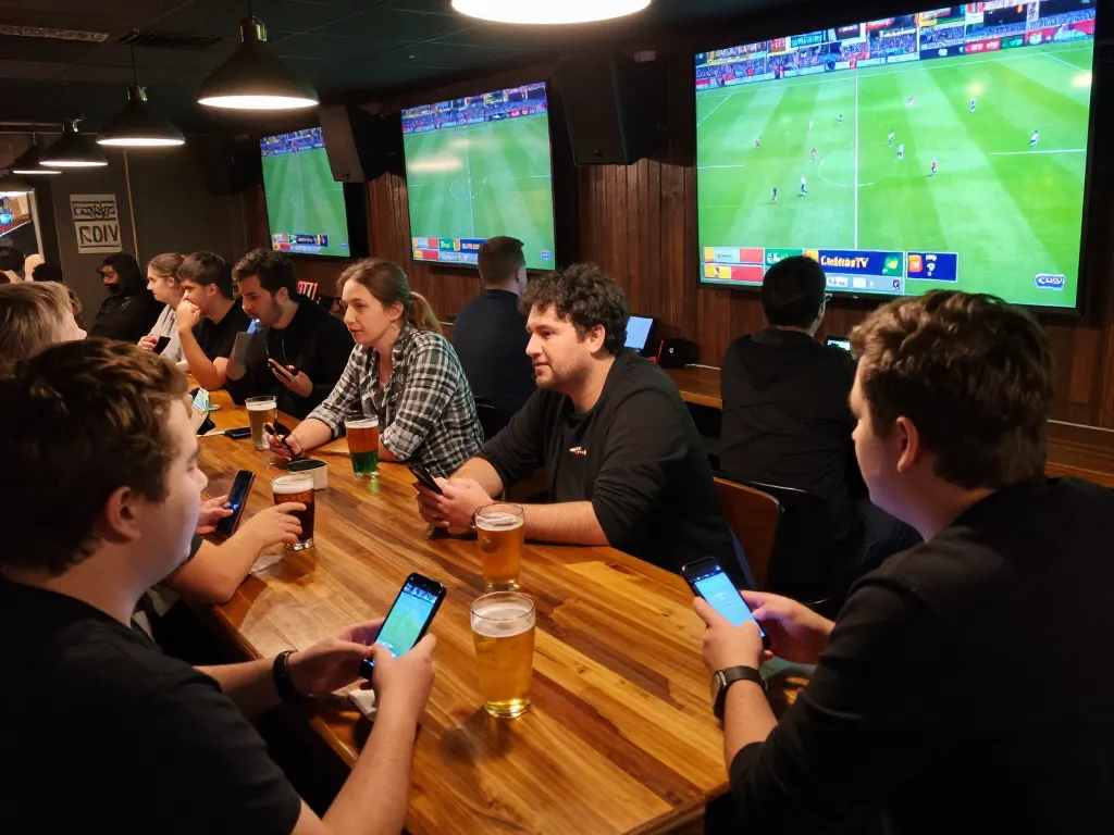CakhiaTV fans cheering while betting on live football games in a lively sports bar