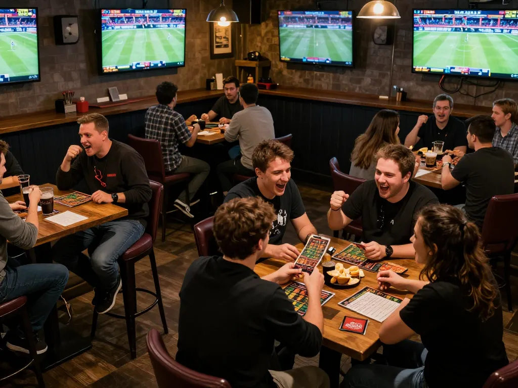 Engaged sports fans placing bets on https://rr88k1.com/ in a lively sports bar atmosphere.