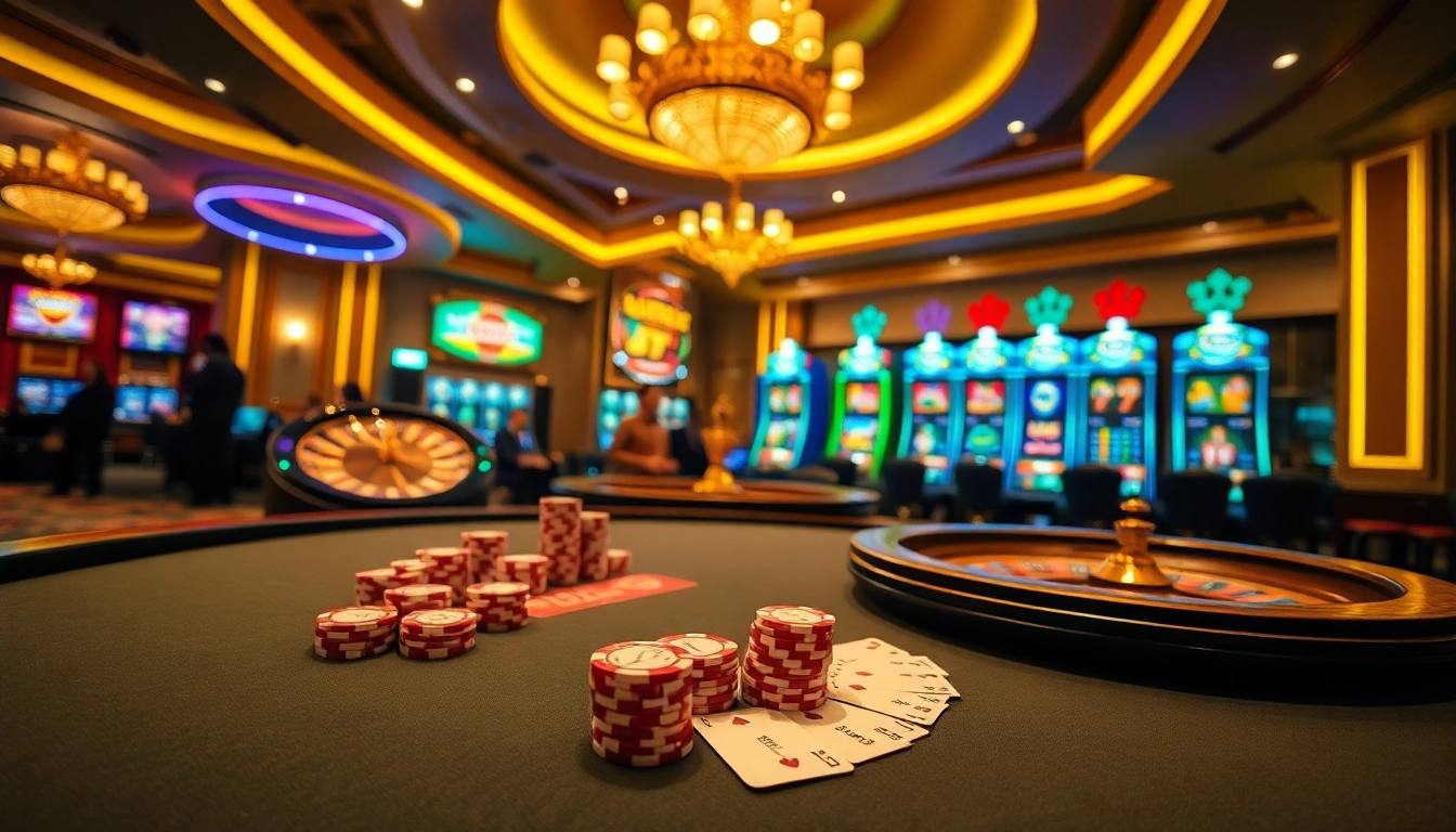 Experience the thrill of gaming with mint88 at a luxurious casino table, vibrant atmosphere.