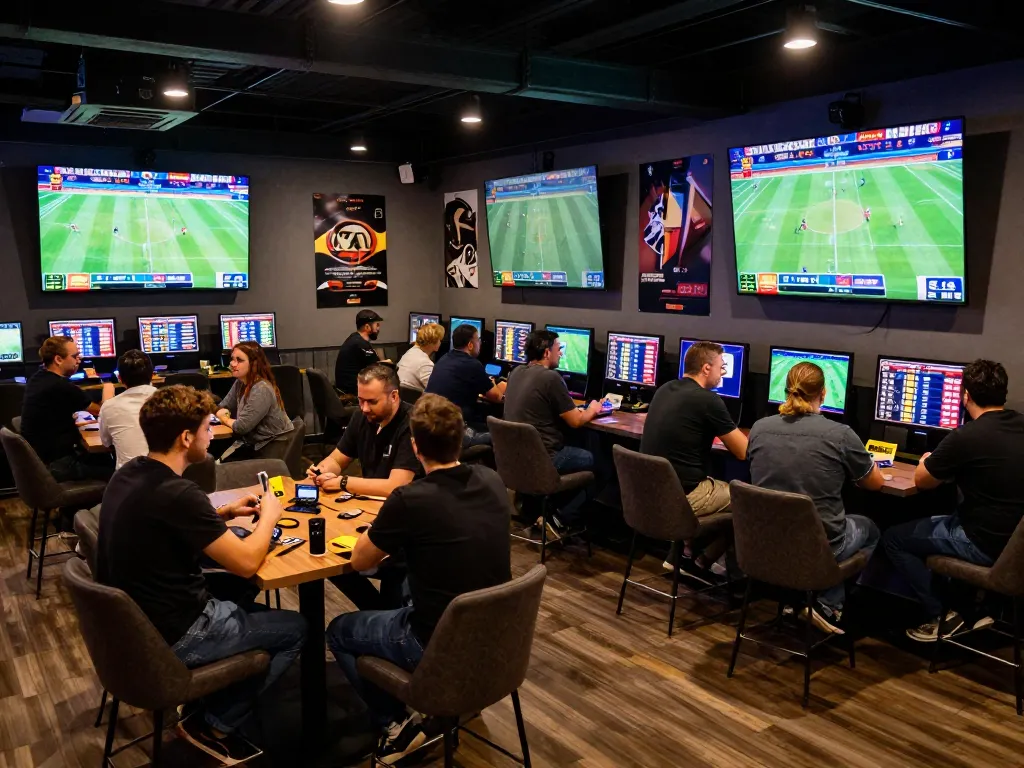 Engaged bettors at hitclub analyzing odds and placing wagers during live sports events.