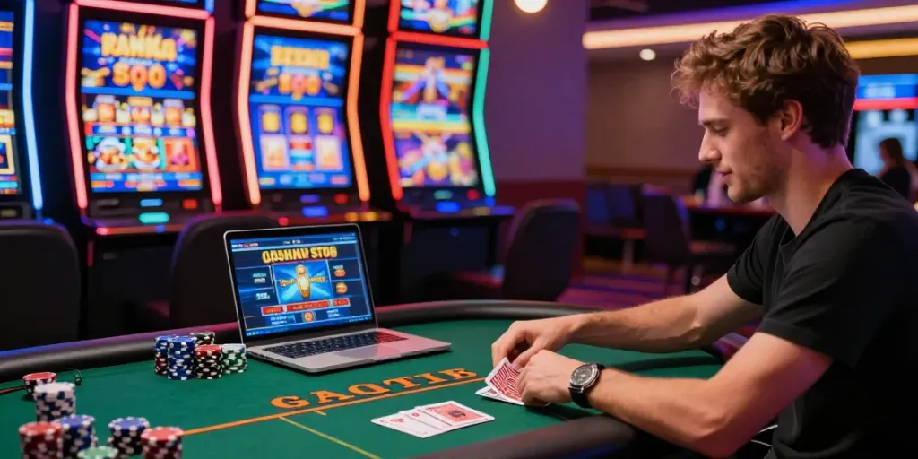 Engaging scene of a player enjoying a non Gamstop casino experience with vibrant gaming elements.