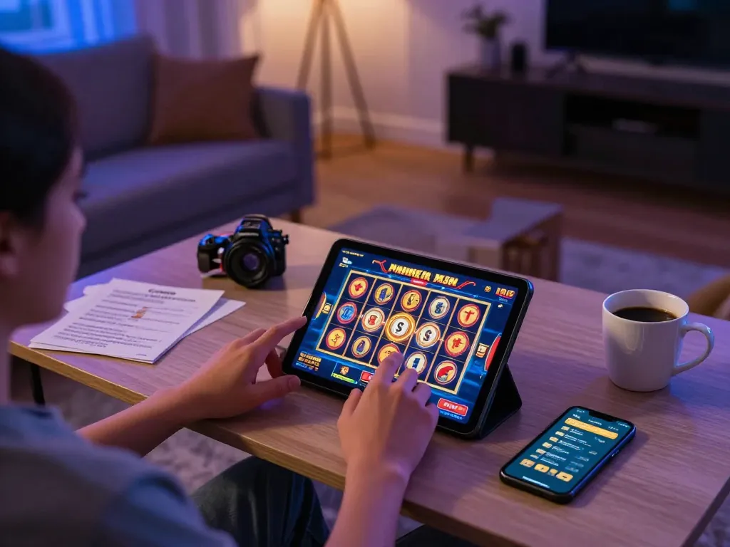 Engaging with 78wintl while playing slot games on a tablet in a cozy home setup