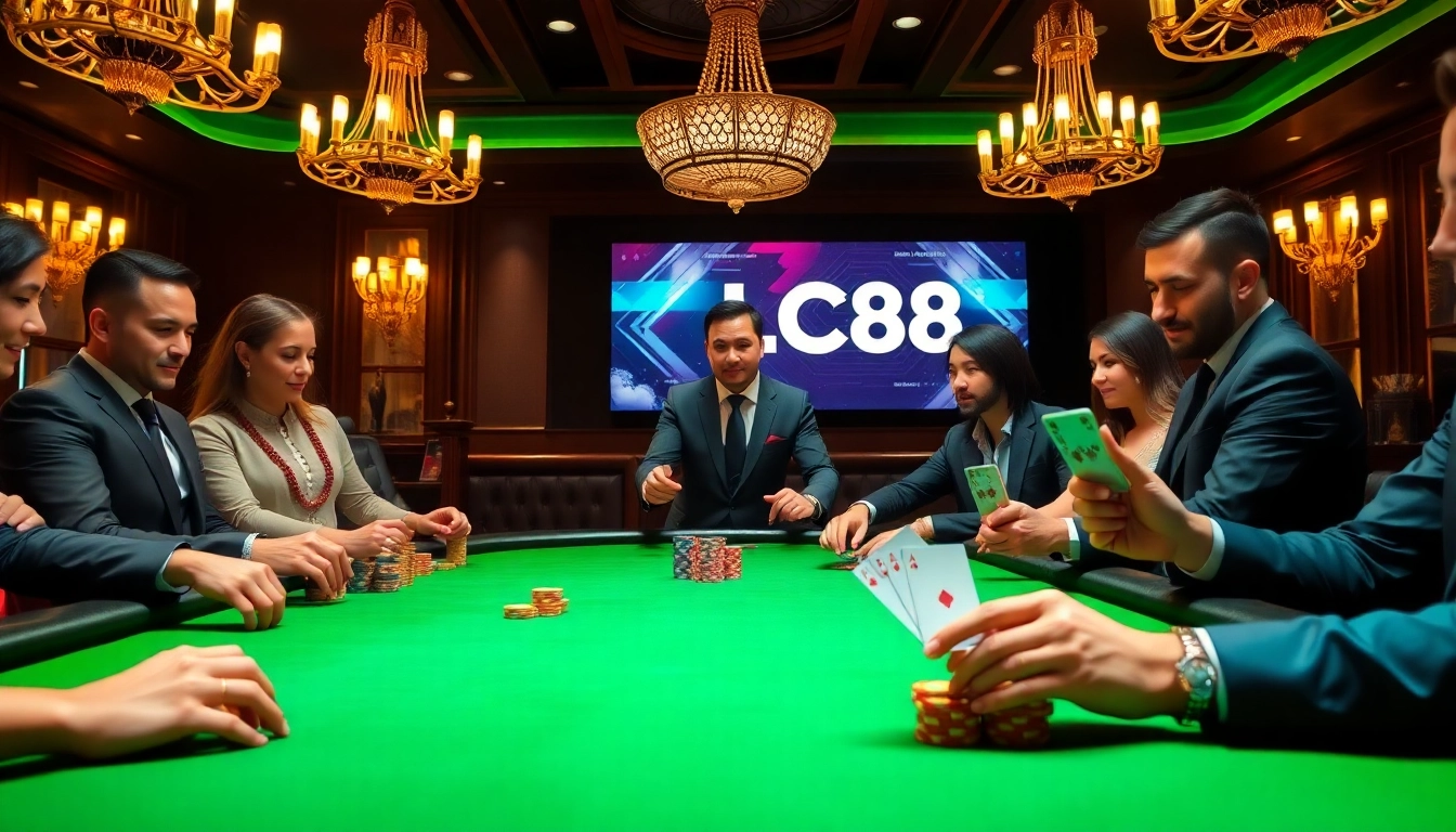 Excited players engaging in high-stakes poker at LC88's luxurious casino table.