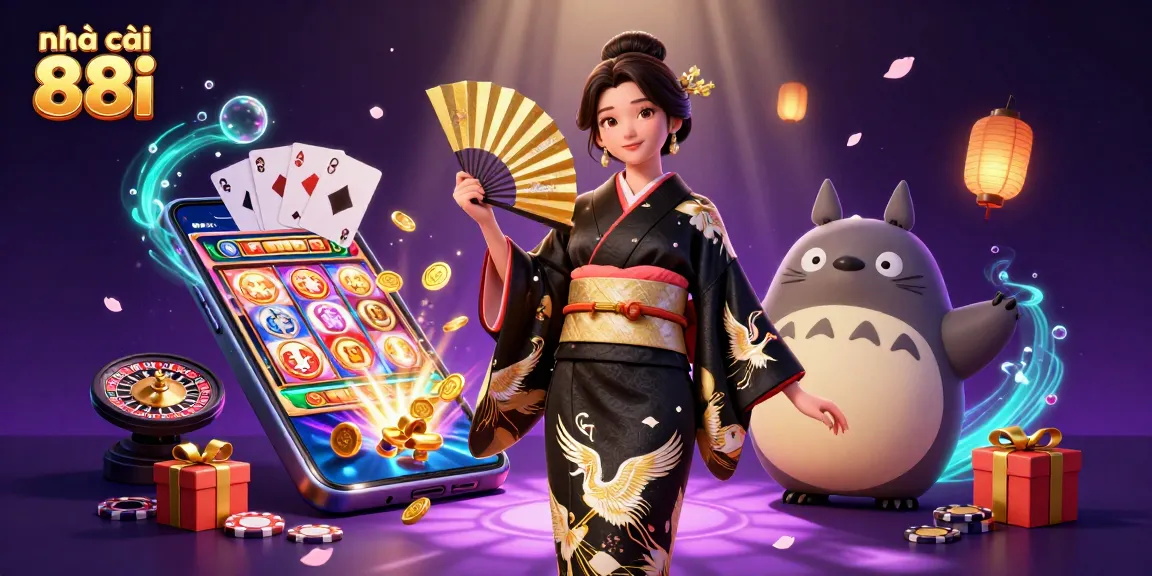 Play exciting games at nhà cái 88i, featuring vibrant scenes of slot games and casino entertainment.