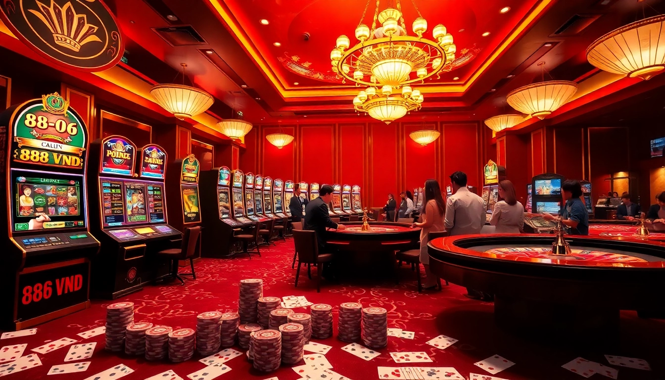 Experience the thrill of winning at casino games with 888 VND, featuring poker tables and vibrant slot machines.