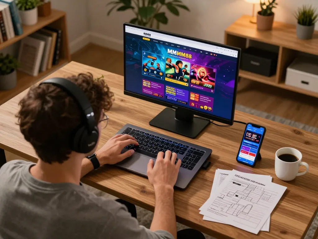 Engaging in online gaming at https://mm88.fun/, showcasing a modern gaming setup with strategy notes.