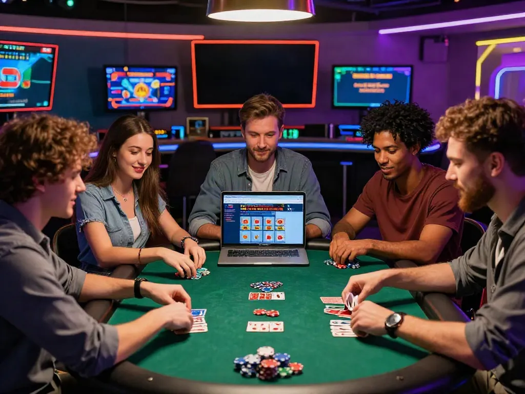 Friends enjoying gaming at a non gamstop casino table filled with colorful poker chips.