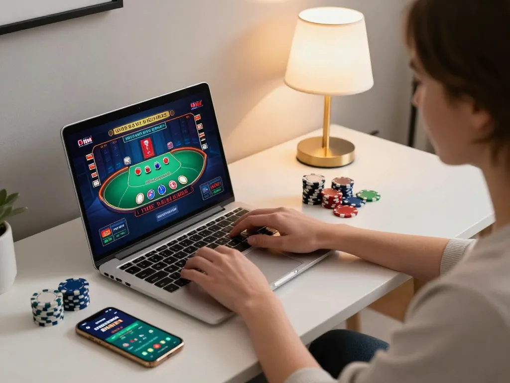 Engaged player at a modern gaming desk using https://9bet.works/ for online blackjack with vibrant graphics