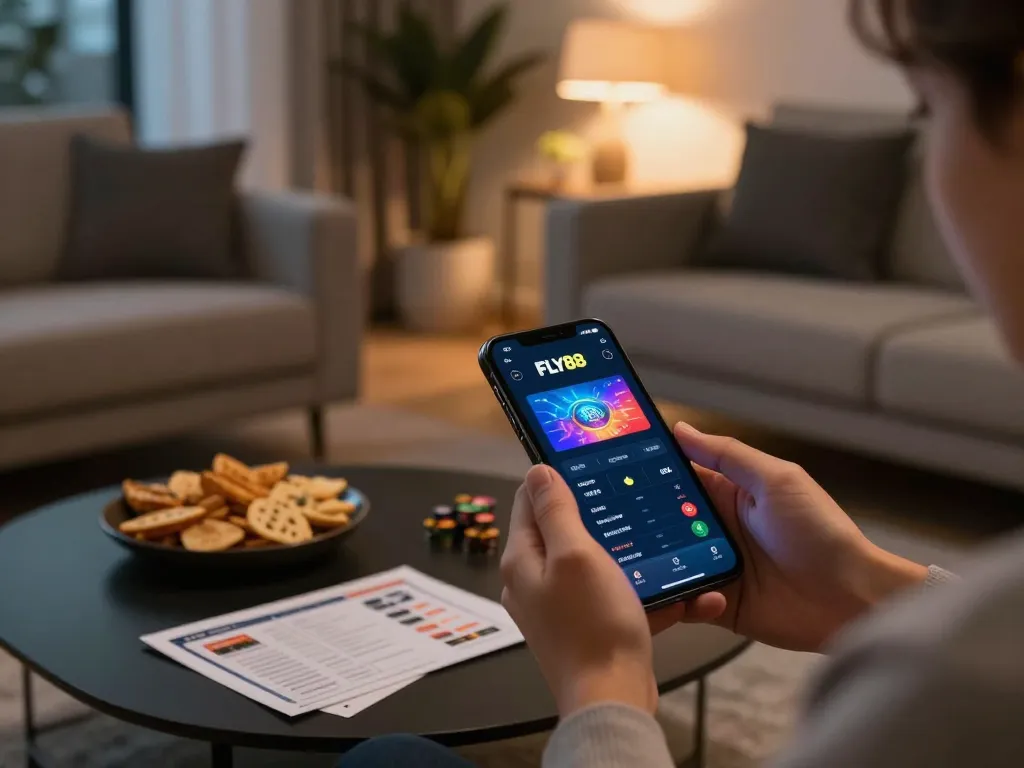 Engaging with the FLY88 betting app on a smartphone in a cozy home setting.