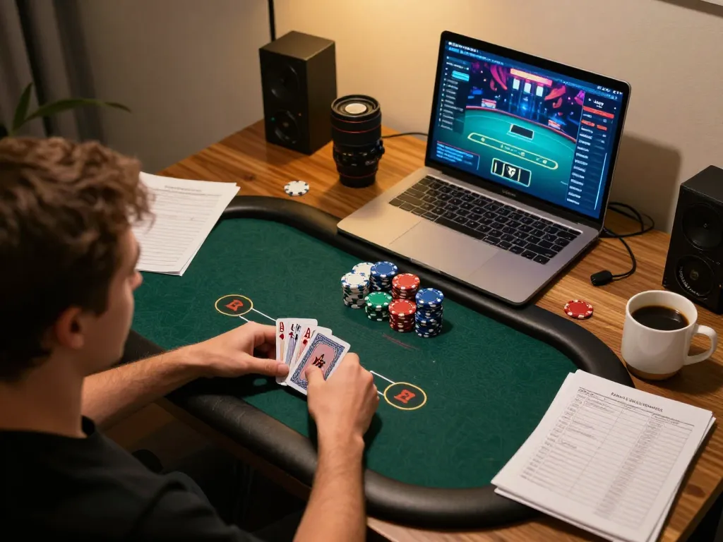 Player engaged in strategic online poker game at home, showcasing gen-e tactics for maximizing bets