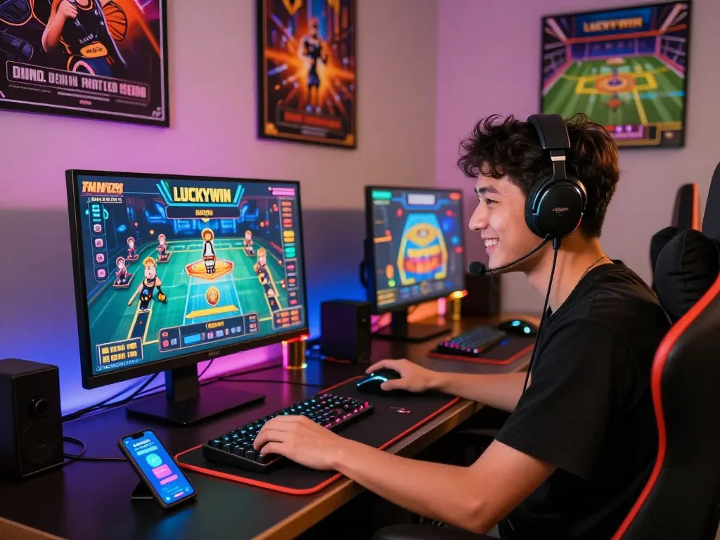 Player enjoying a vibrant online betting experience on Luckywin, surrounded by gaming accessories and colorful decor.