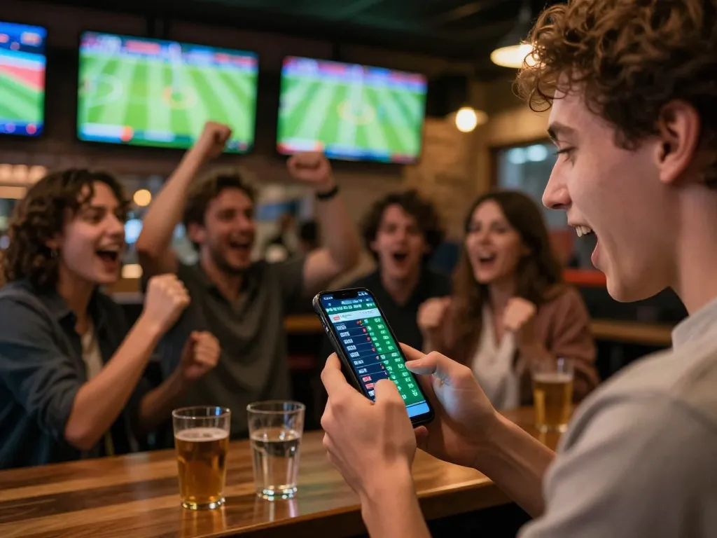 Excited sports bettor checking kqbd live betting odds on smartphone during thrilling game.