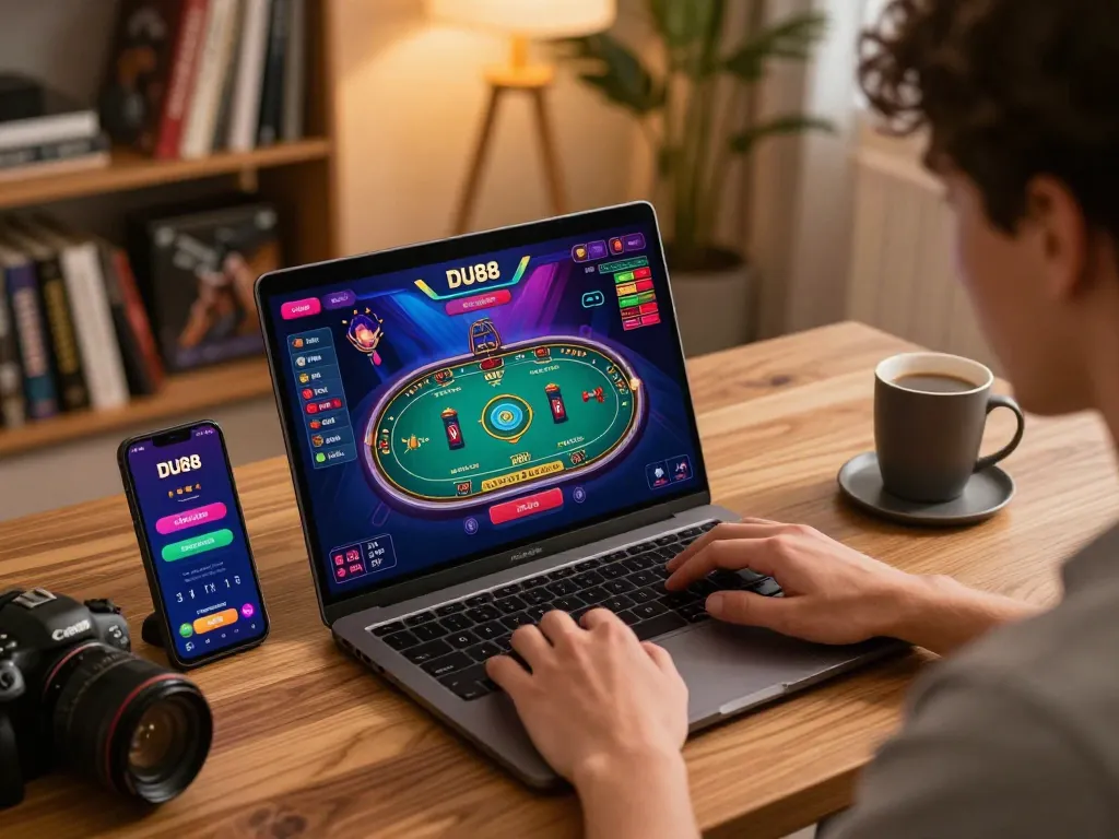 Playing casino games on the DU88 app in a cozy home office setup, showcasing a laptop and smartphone.
