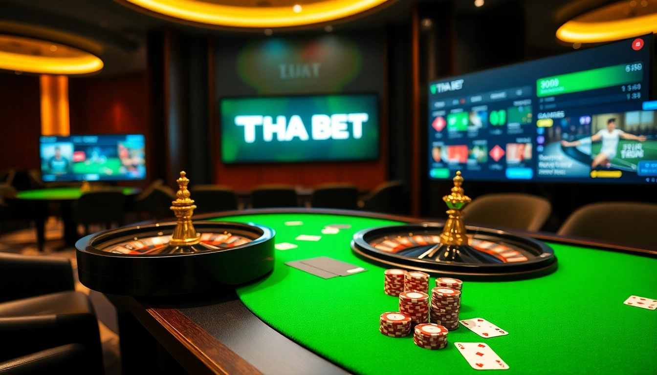 Experience THA BET's vibrant casino atmosphere with luxurious gaming tables and poker chips.