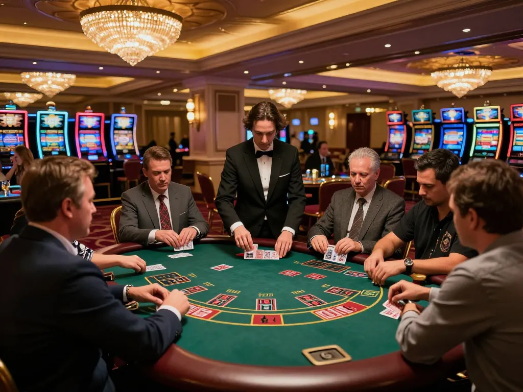 Player strategies at TG88 blackjack table with focused dealer and vibrant casino atmosphere