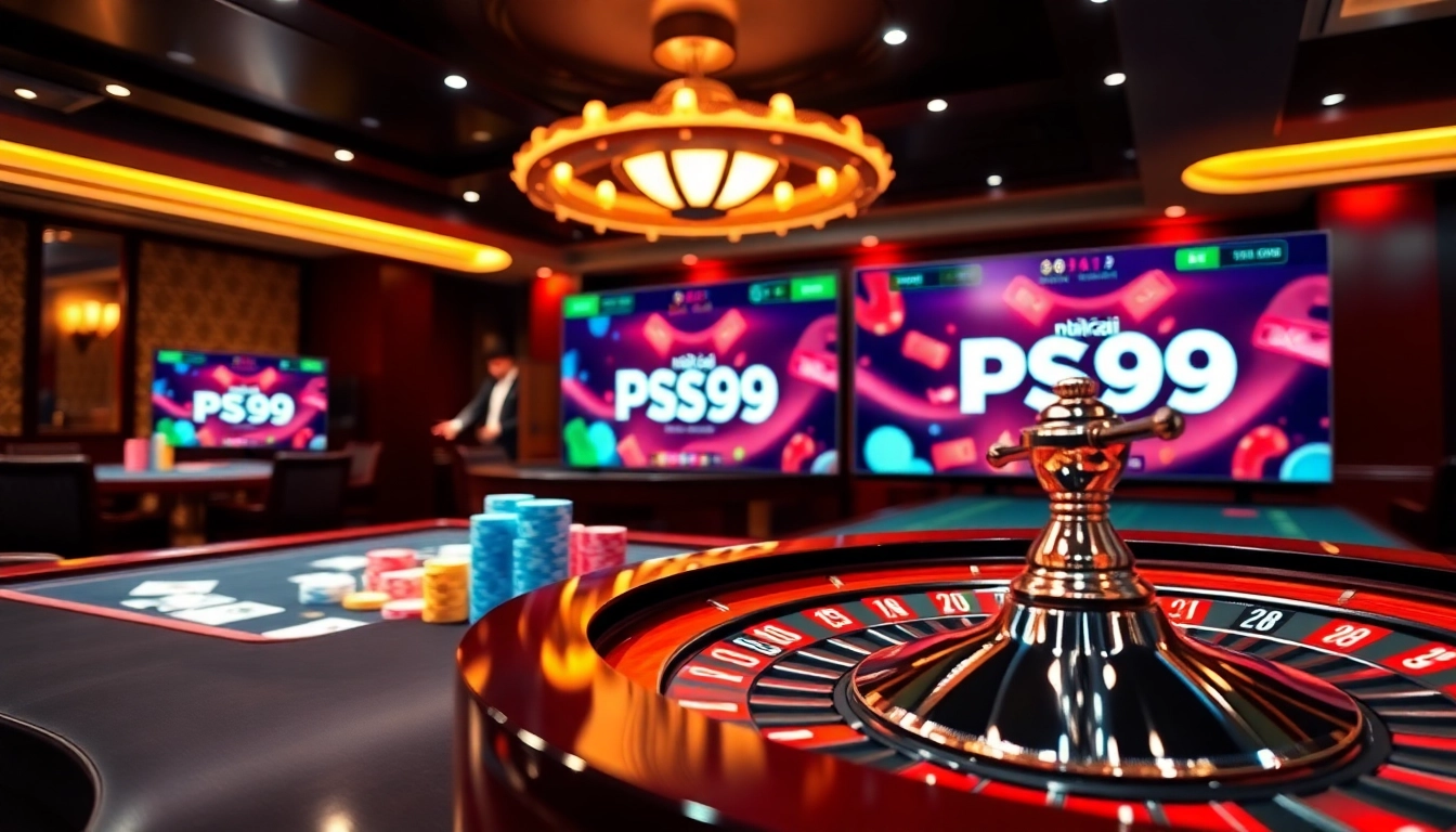 Engaging scene of a vibrant casino table showcasing nhà cái PS99 with poker chips and cards.