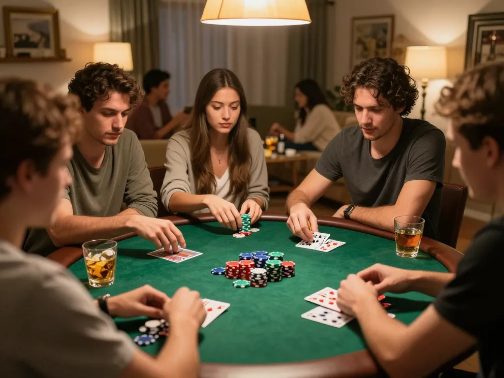 Friends enjoying a home poker night with poker chips and cards, highlighting taixiuonline8 gaming strategies.