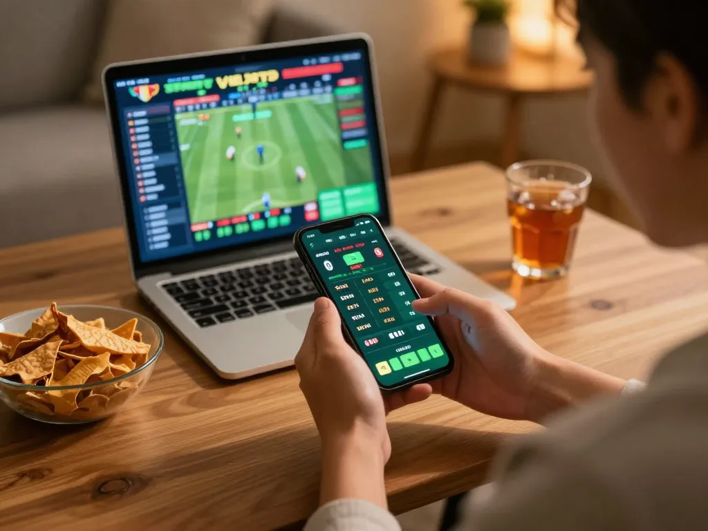 S666no1 user engaging with a mobile sports betting app in a cozy living room setting.