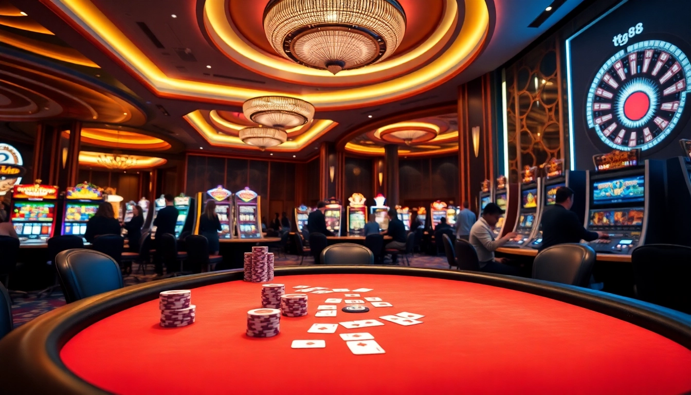 Experience the excitement at tt88 with a vibrant casino scene showcasing poker and slot games.