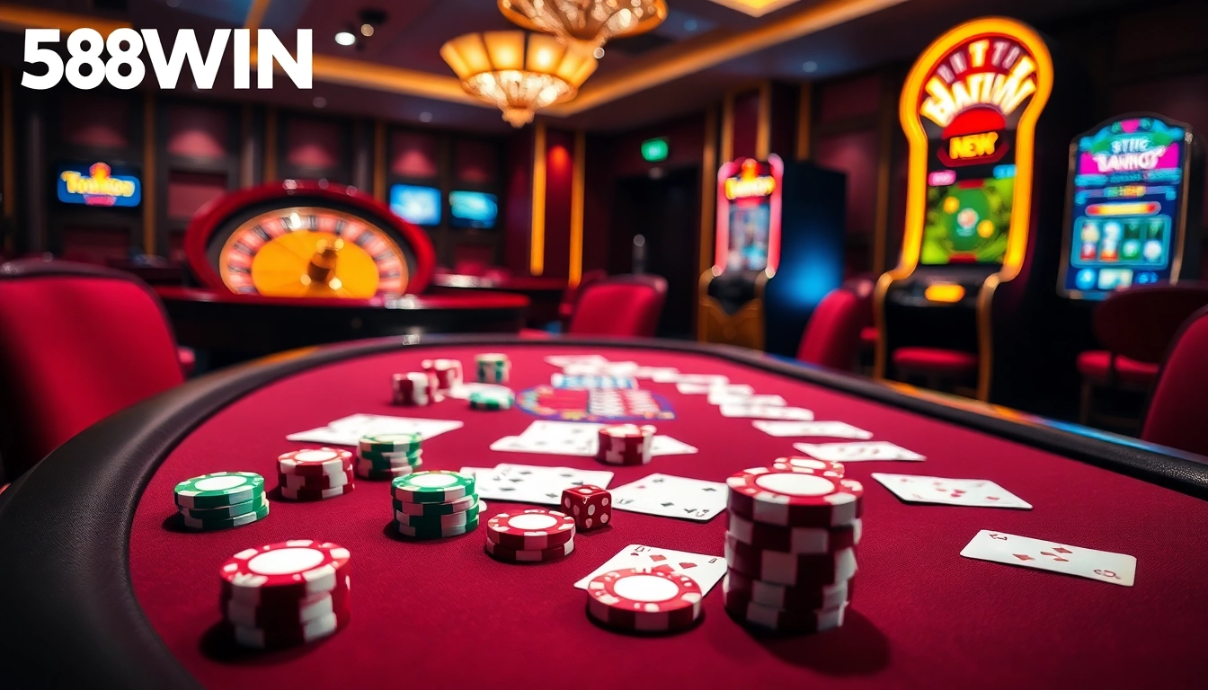 58WIN casino table featuring vibrant poker chips and a roulette wheel sparks excitement among gamblers.