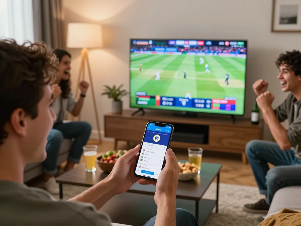 Person placing a bet using the Winbd app while watching a cricket match.