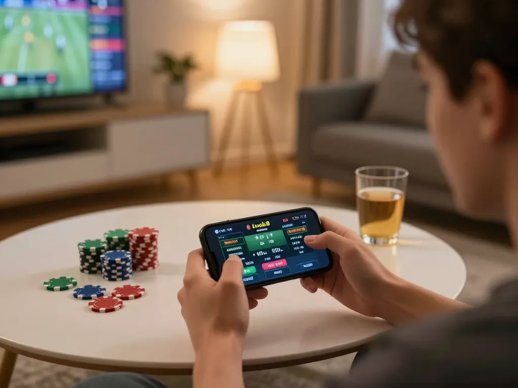 Engaging in sports betting on a smartphone at luck8 during a cozy home gaming session.