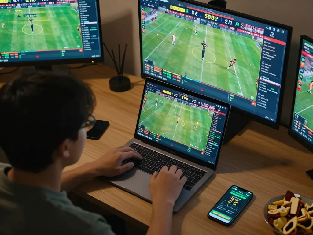 Engaging with kèo nhà cái on a laptop during online sports betting session.