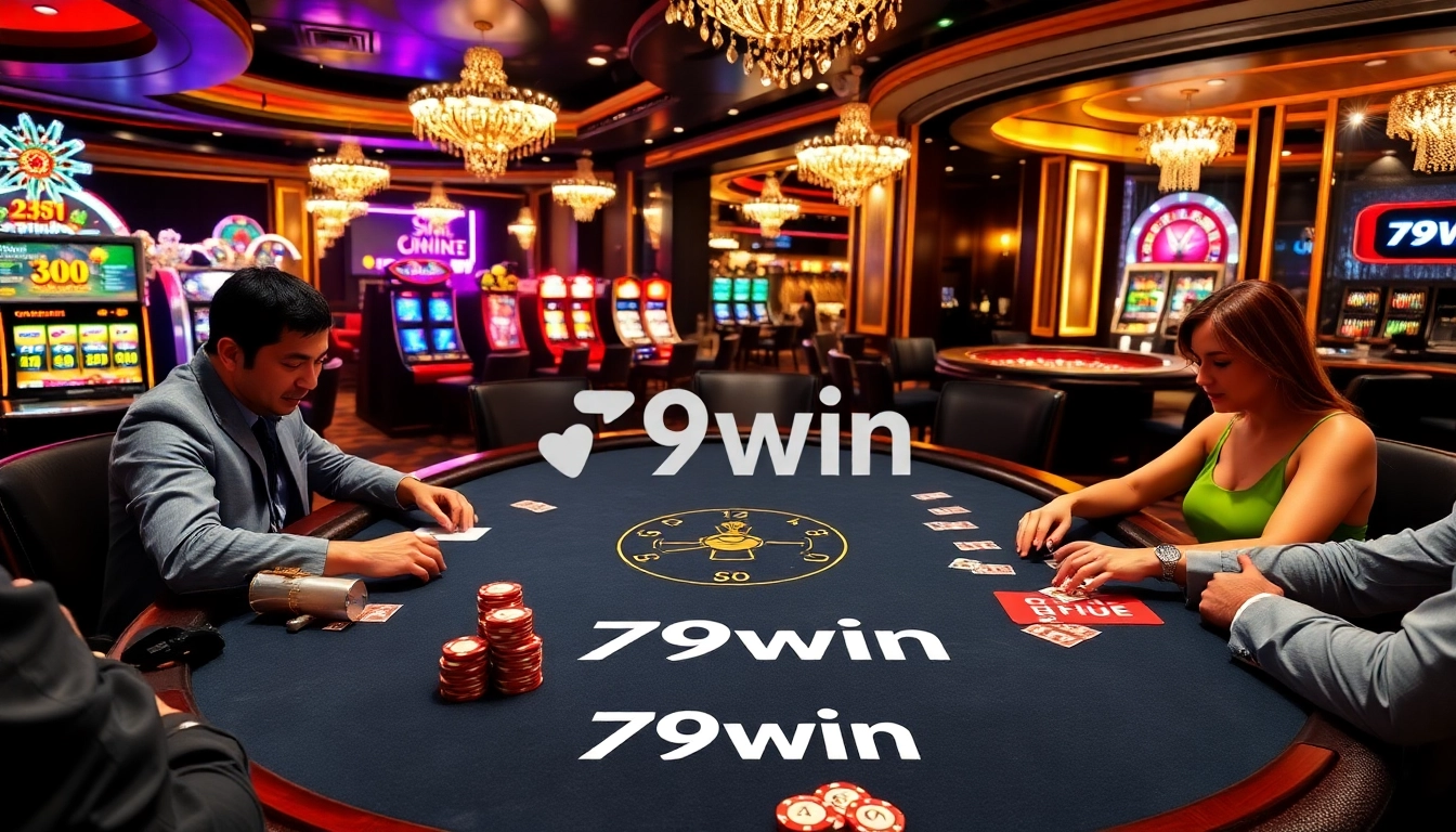 Players enjoying an exciting poker game at 79win's luxurious casino.