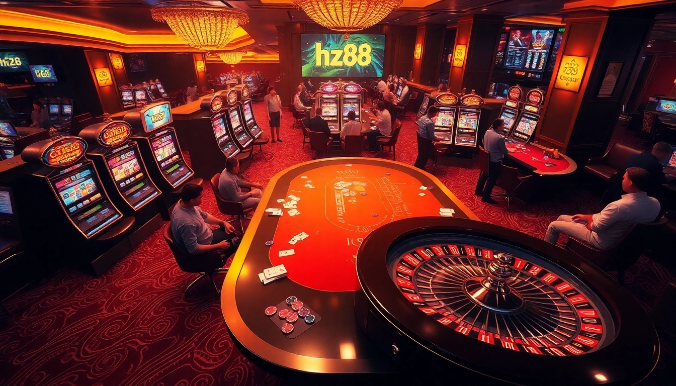 Players engaging in thrilling casino games at hz88 with elegant poker and slot machines.