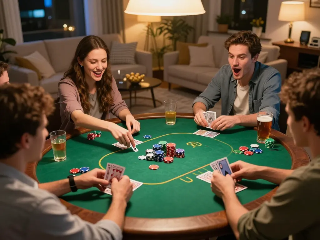 Friends enjoying a poker game night at home, showcasing the engaging atmosphere of i9bet gaming.