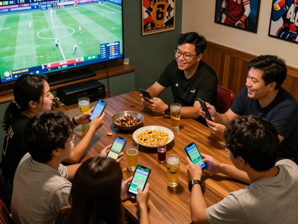 Sports enthusiasts placing bets on the nhà cái xibet app during a live sports event gathering, joyful atmosphere with snacks and drinks