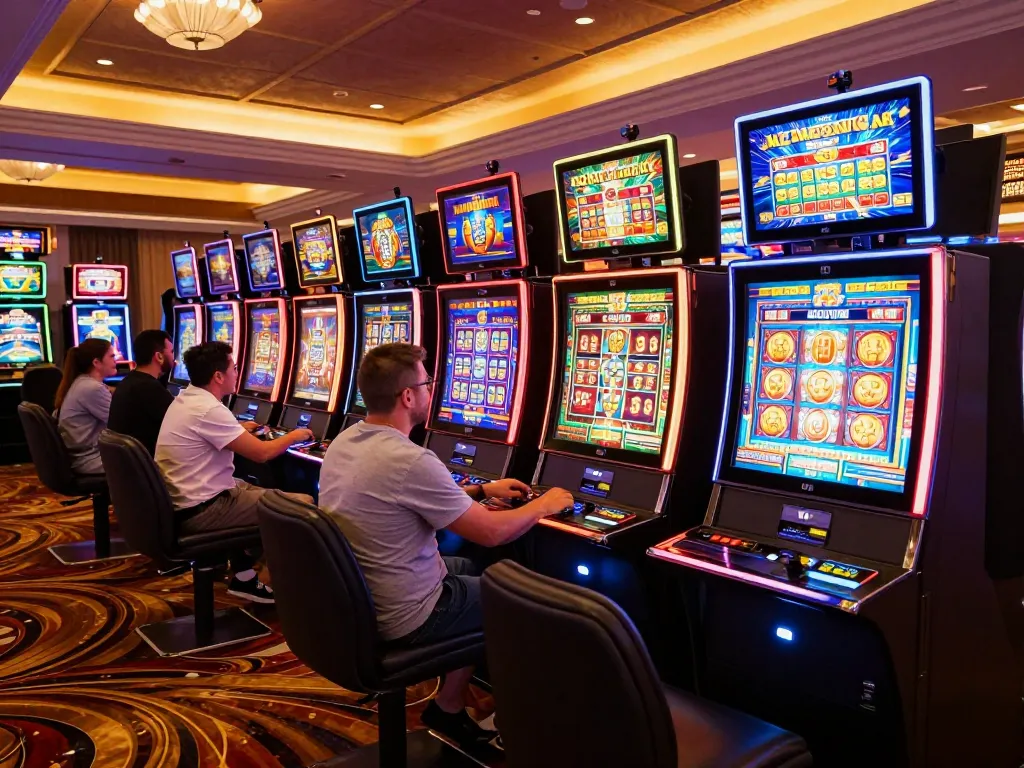 SIN88 players enjoying colorful slot machines at the luxurious casino