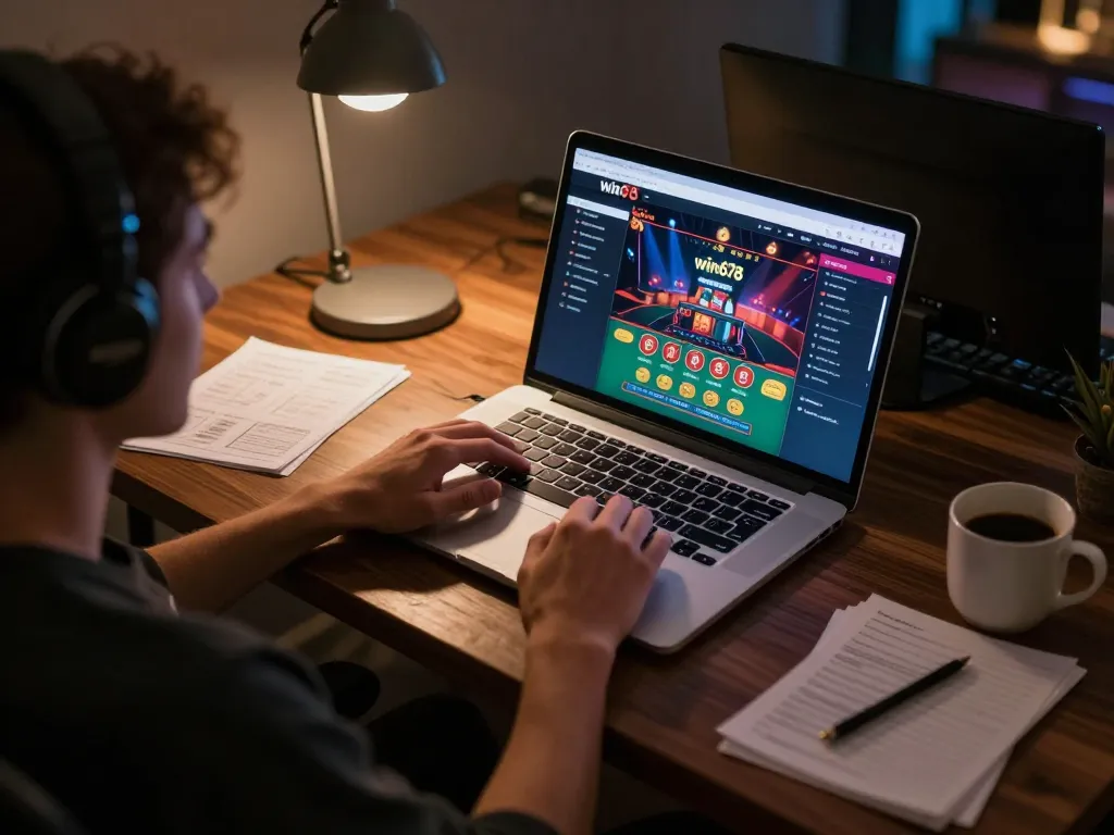 Engaging with win678's live dealer games from a cozy home gaming setup, showcasing online gambling excitement.