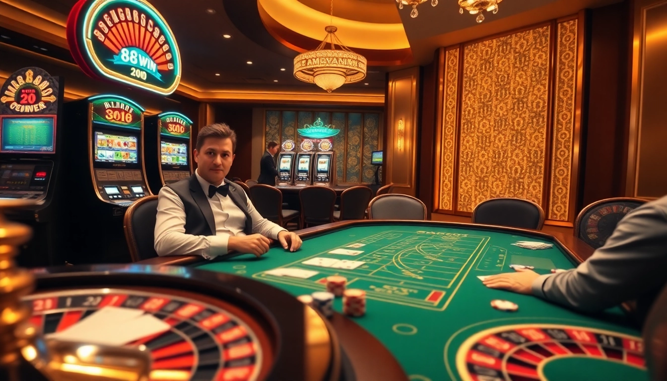 Join the excitement of 98win with a stunning casino scene showcasing poker, slots, and roulette.