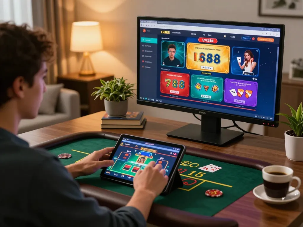 Engaged player enjoying online casino gaming on a tablet while exploring LV88's offerings.