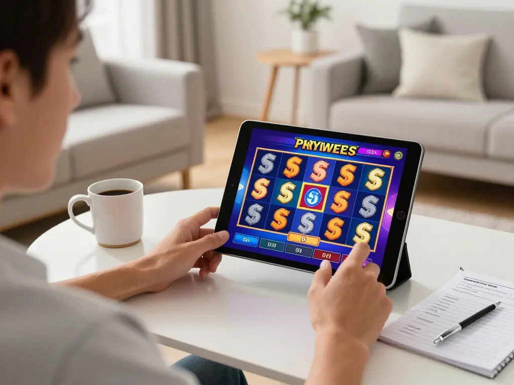 Player engaged with a slot game on a tablet in a cozy living room, celebrating a jackpot.