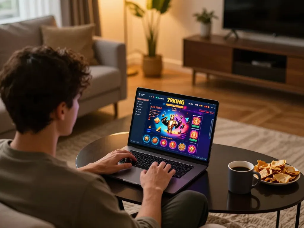 A player engaging with the 79king online casino platform during a cozy gaming session at home