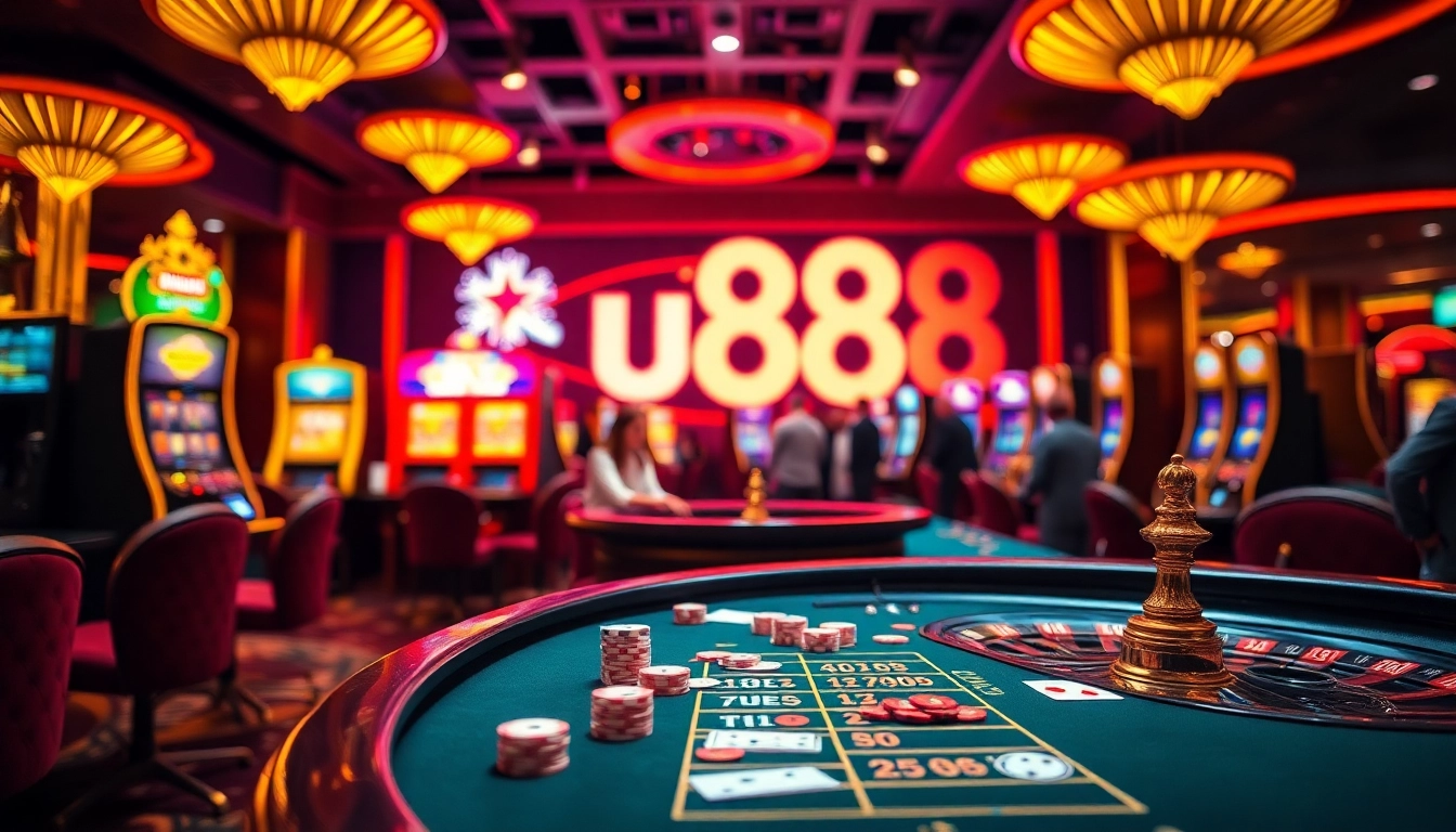 u888 casino ambiance featuring poker chips and a roulette table, capturing luxury and excitement.