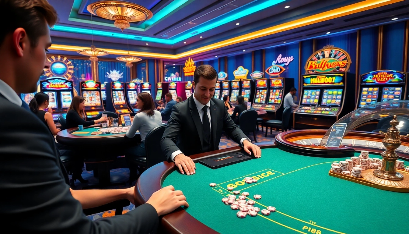Players enjoying blackjack and vibrant slot machines at me88 online casino.