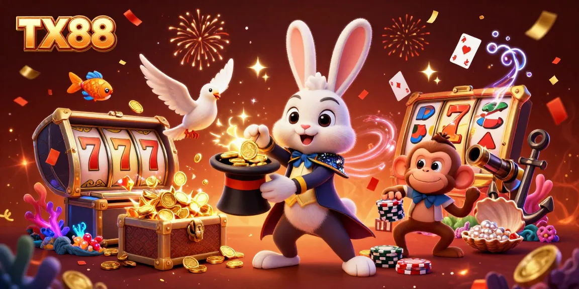 TX88 magician rabbit pulls golden coins while a dove and monkey enhance casino excitement