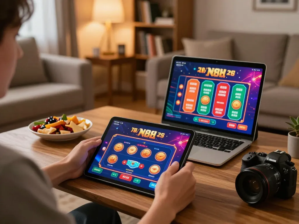 N88 online gaming experience on a tablet in a cozy home setup with engaging casino games.