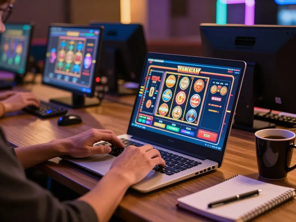 Engaging online gaming session with sin88 displayed on the laptop screen, showcasing slot games and strategic gameplay.