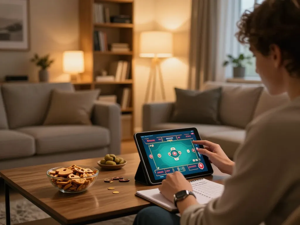 SKY88 player enjoying an online poker game in a cozy home setting with strategic notes.