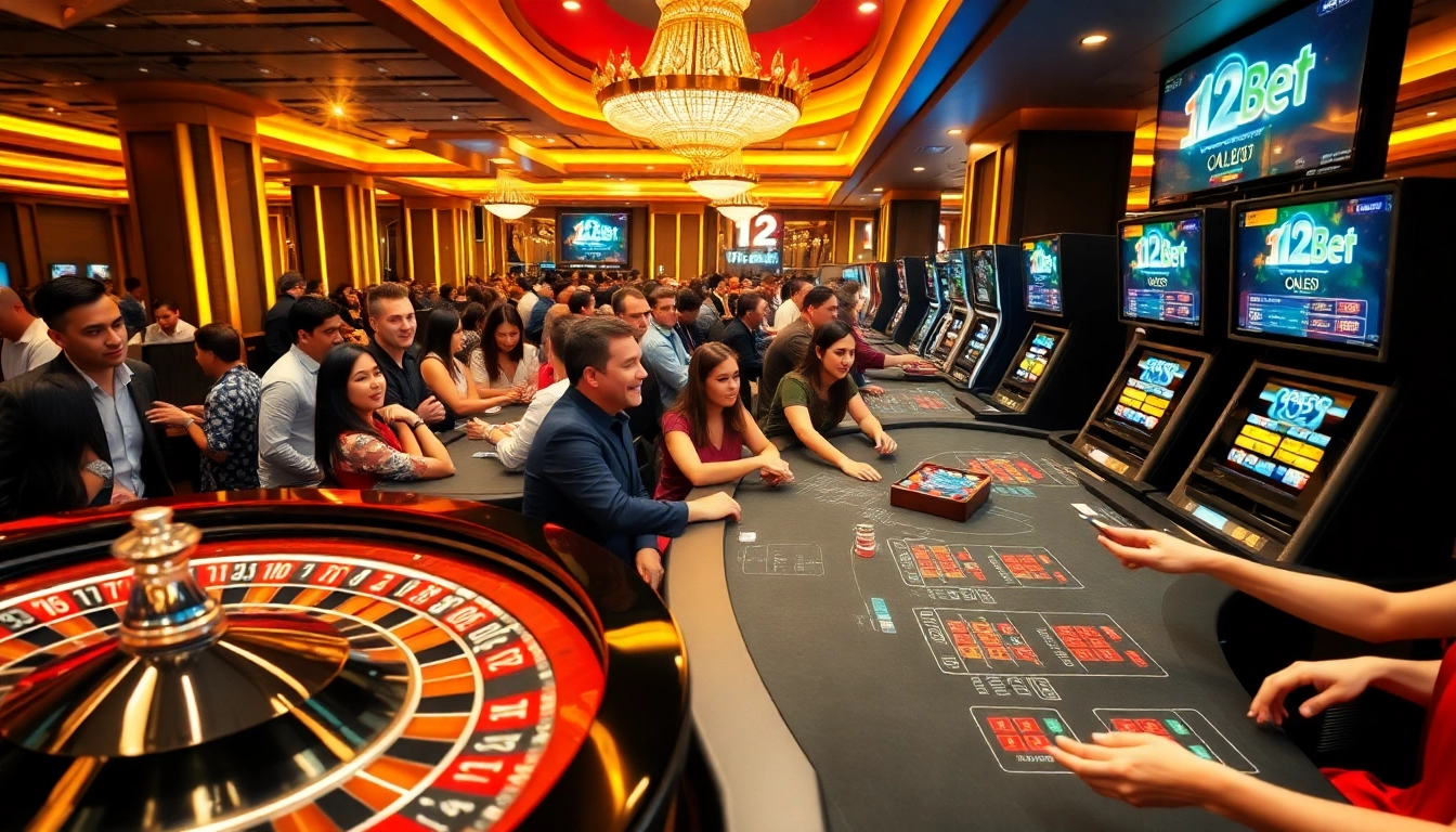 Players enjoying an exciting gambling experience at 12Bet with vibrant casino tables and slot machines.