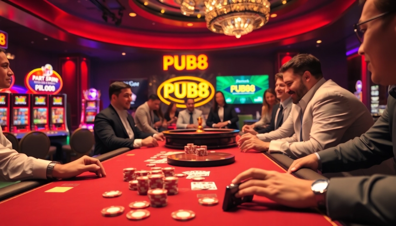 PUB88 players enjoying a thrilling poker game at an elegant casino table with vibrant atmosphere.